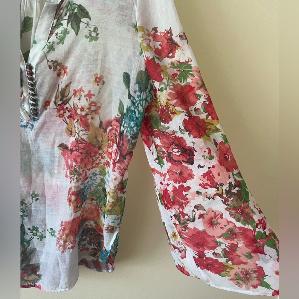 Soft Surroundings Long Sleeve Tunic Top Floral Applique Colorful Mix Print Sz L - Picture 4 of 4